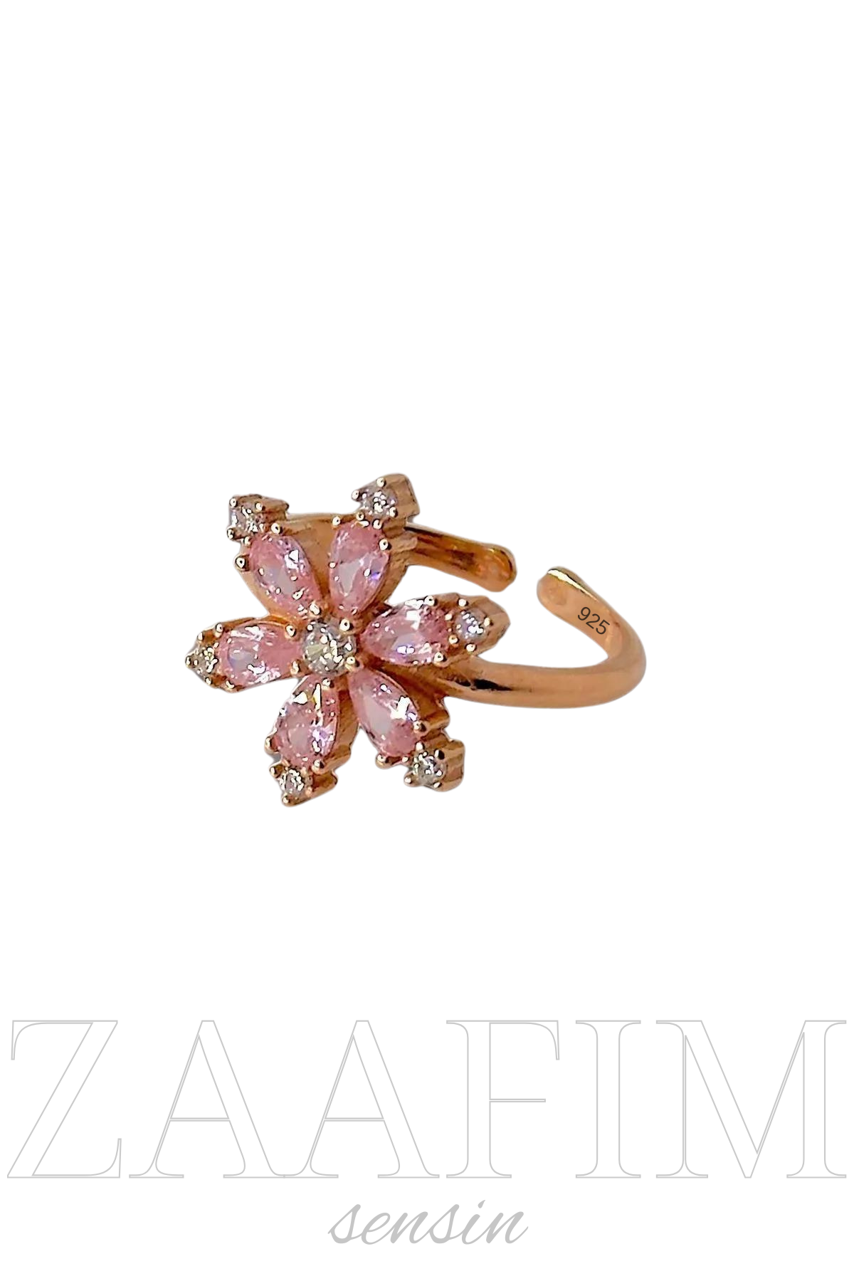 925 Ayar Gümüş Kadın Pembe Lotus Çiçeği Yüzük (Ayarlanabilir)