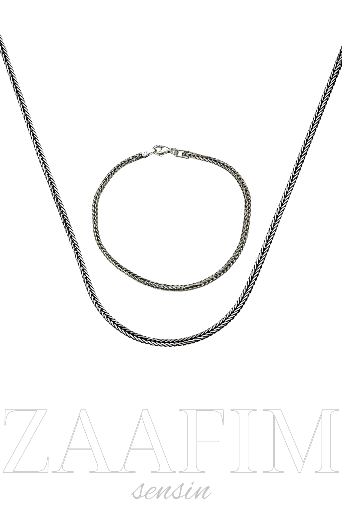 925 Ayar Gümüş Erkek Tilki Kuyruğu Zincir Kolye-Bileklik Set 3mm