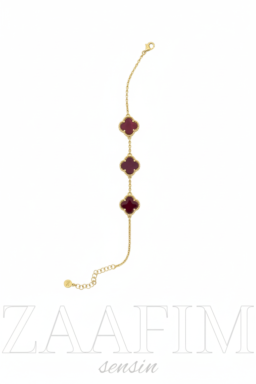 925 Ayar Gümüş 18 Ayar Gold Kaplama 3 Taşlı Yonca Kadın Bileklik