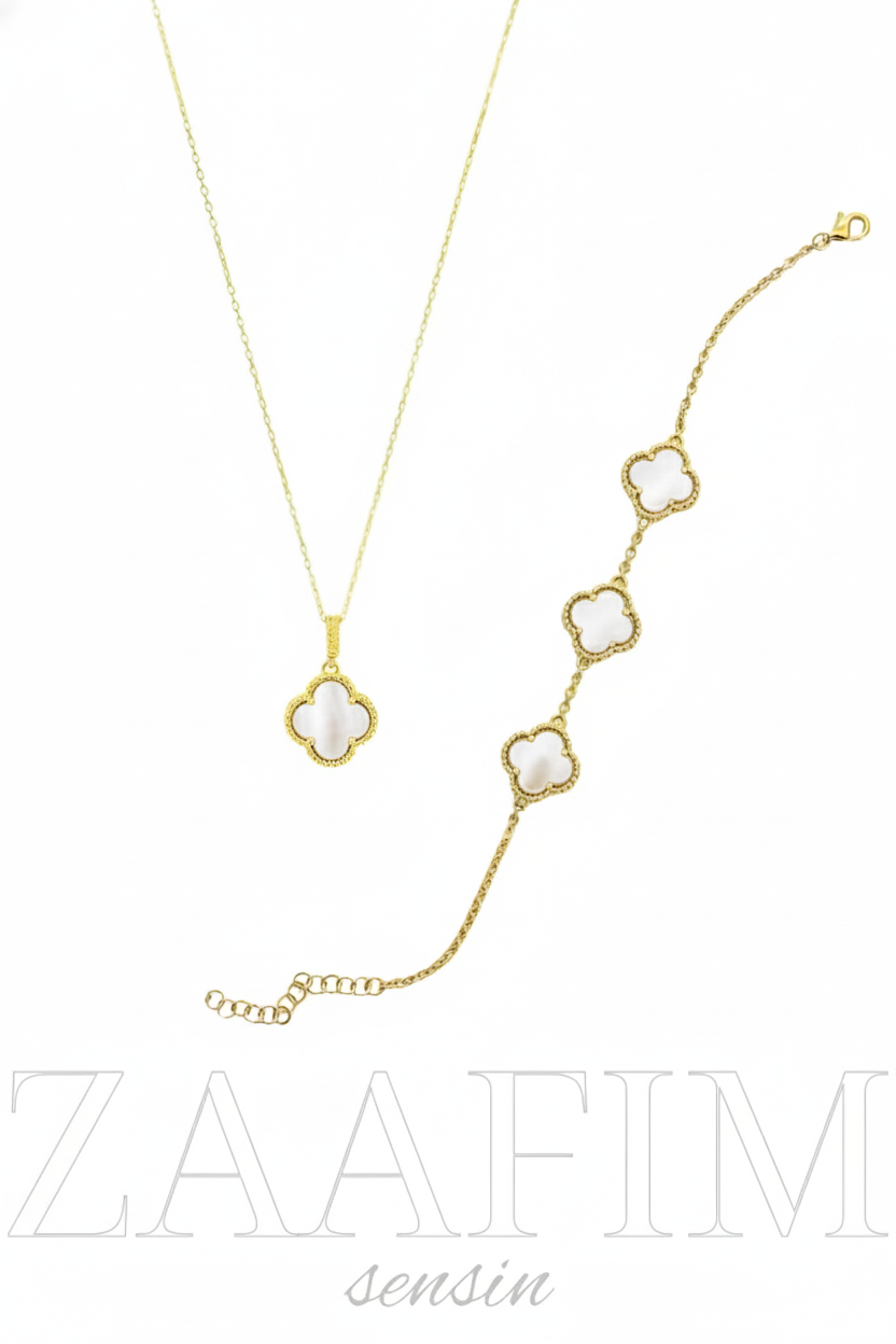 925 Ayar Gümüş 18 Ayar Gold Kaplama Yonca Kadın 2'li Set (Kolye-Bileklik)