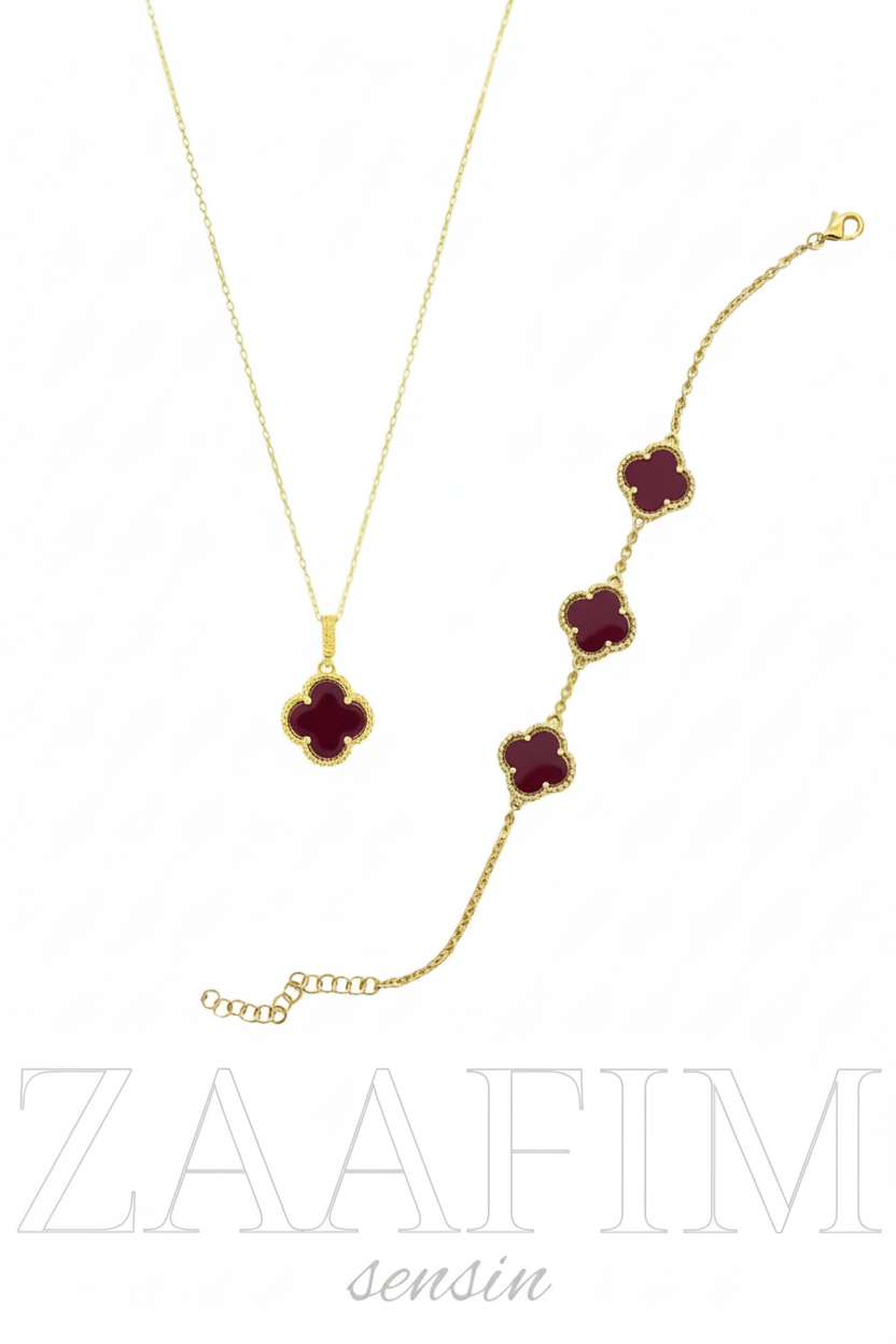 925 Ayar Gümüş 18 Ayar Gold Kaplama Yonca Kadın 2'li Set (Kolye-Bileklik)