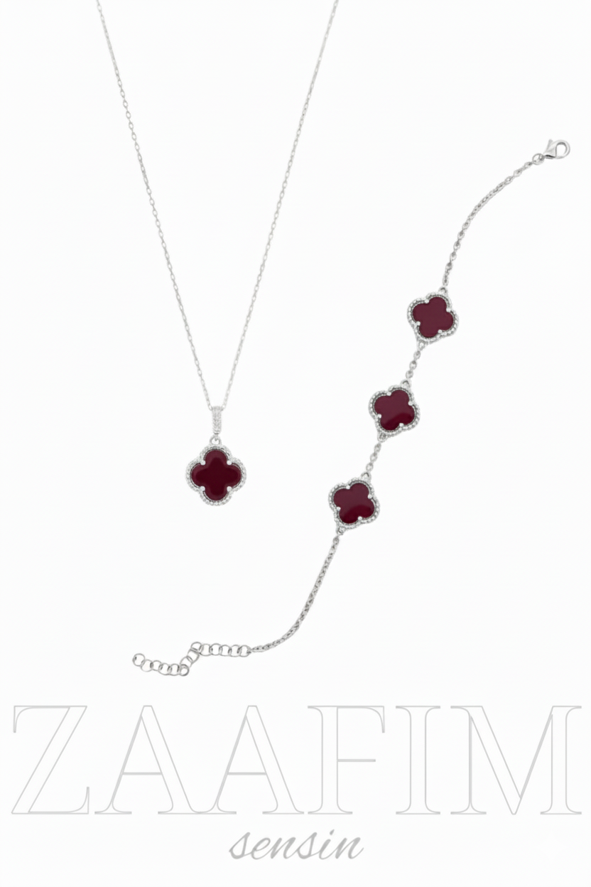 925 Ayar Gümüş Yonca Kadın 2'li Set (Kolye-Bileklik)