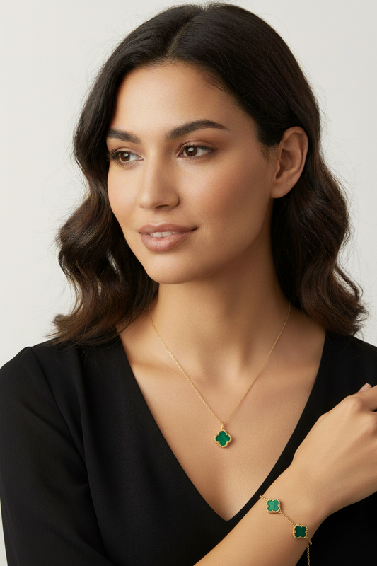 925 Ayar Gümüş 18 Ayar Gold Kaplama Yonca Kadın 2'li Set (Kolye-Bileklik)