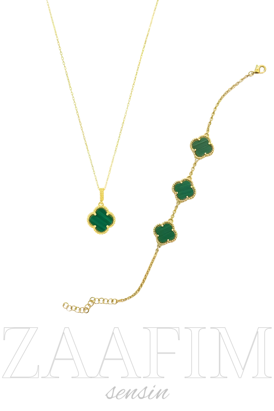 925 Ayar Gümüş 18 Ayar Gold Kaplama Yonca Kadın 2'li Set (Kolye-Bileklik)