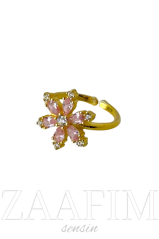 925 Ayar Gümüş Kadın Pembe Lotus Çiçeği Yüzük (Ayarlanabilir)